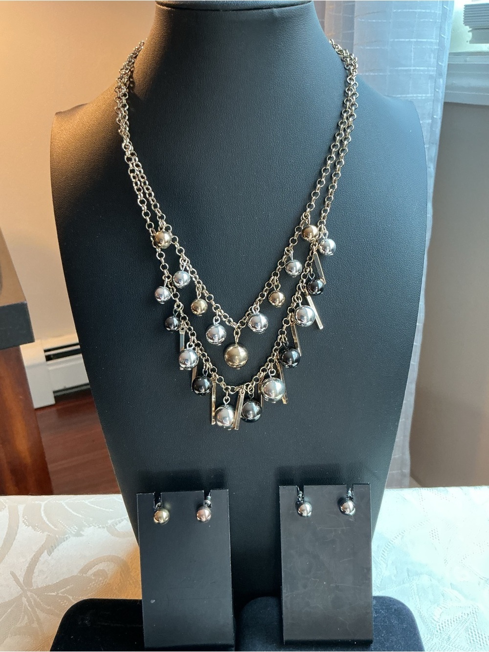 Gold, Silver and Black Metallic Silver Tone Bib Necklace and Earrings Set